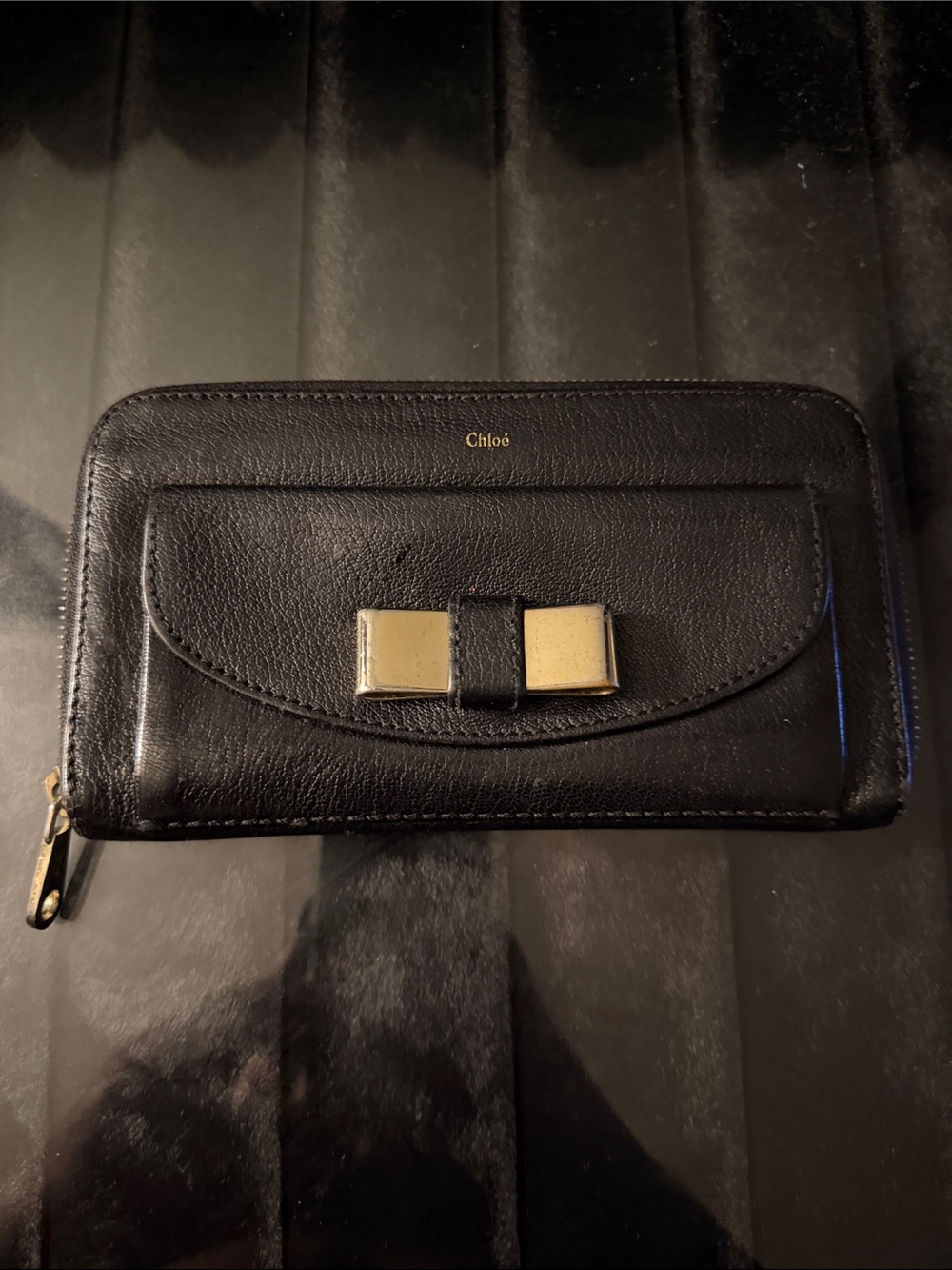 Chloé Black Leather Zip Wallet with Gold Bow Detail